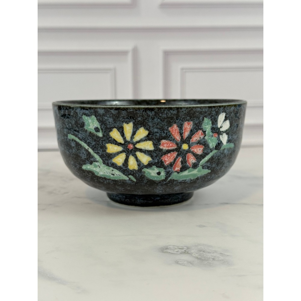 VTG Asian Japanese Mino Ware 5 1/2" Bowl Matcha Chawan Floral Blue Ceramic